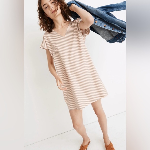 Madewell Striped Button Back Easy V-Neck Dress Size XXS Stripe Earthen Clay - Picture 1 of 11